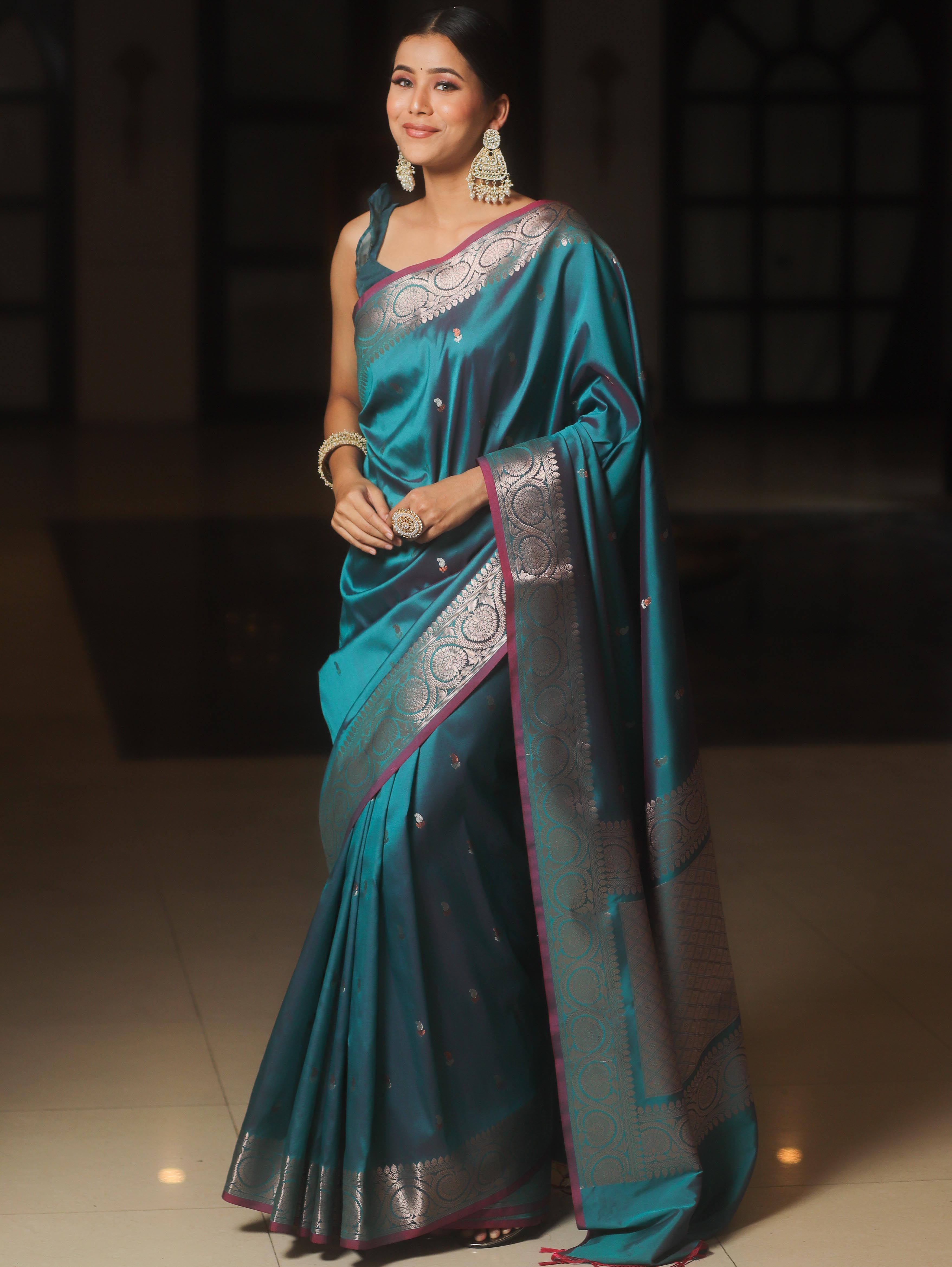 Banarasee Handwoven Semi Silk Saree With Zari Buti Design-Peacock Blue (Dual Tone)