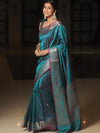 Banarasee Handwoven Semi Silk Saree With Zari Buti Design-Peacock Blue (Dual Tone)