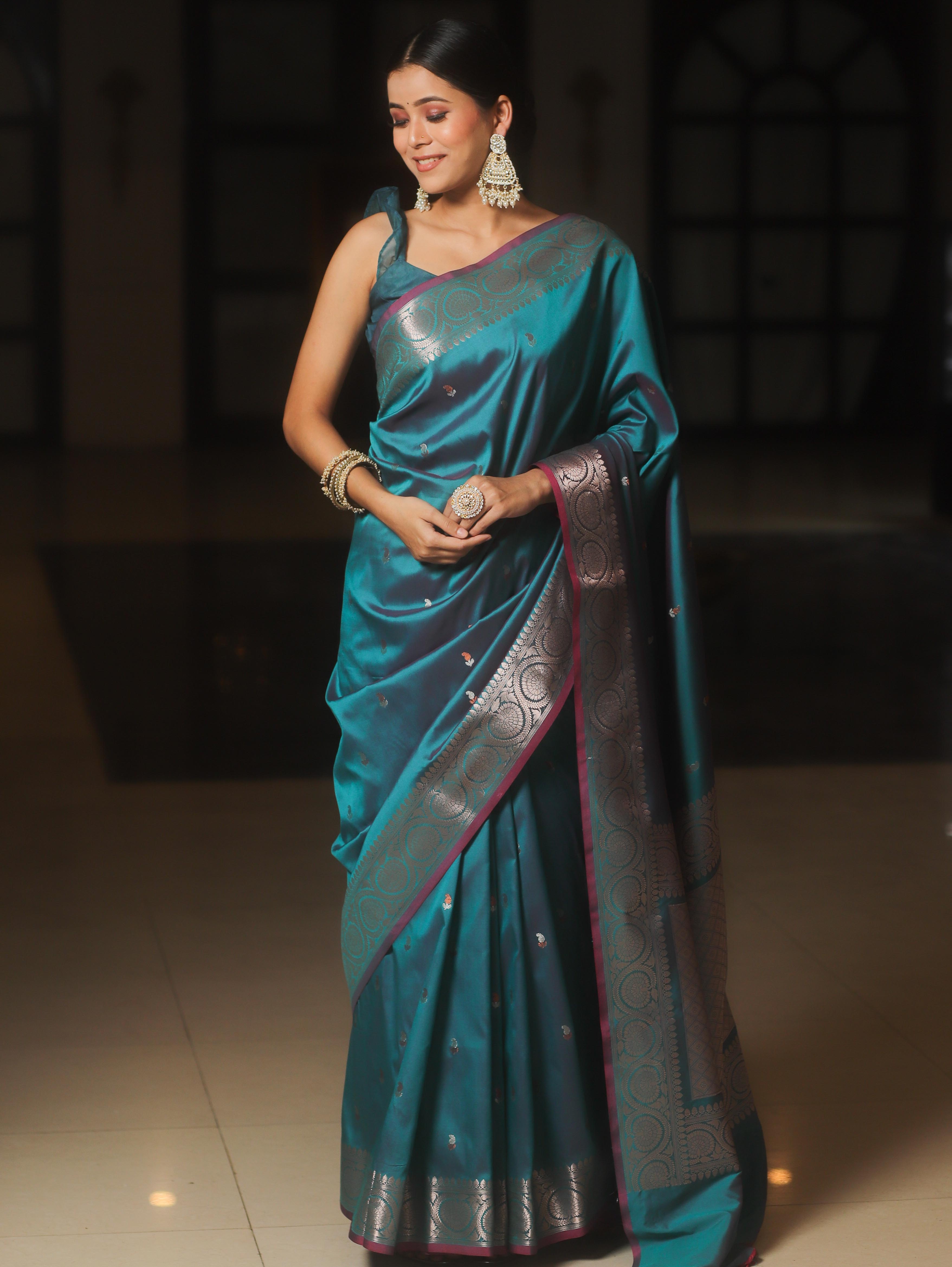 Banarasee Handwoven Semi Silk Saree With Zari Buti Design-Peacock Blue (Dual Tone)