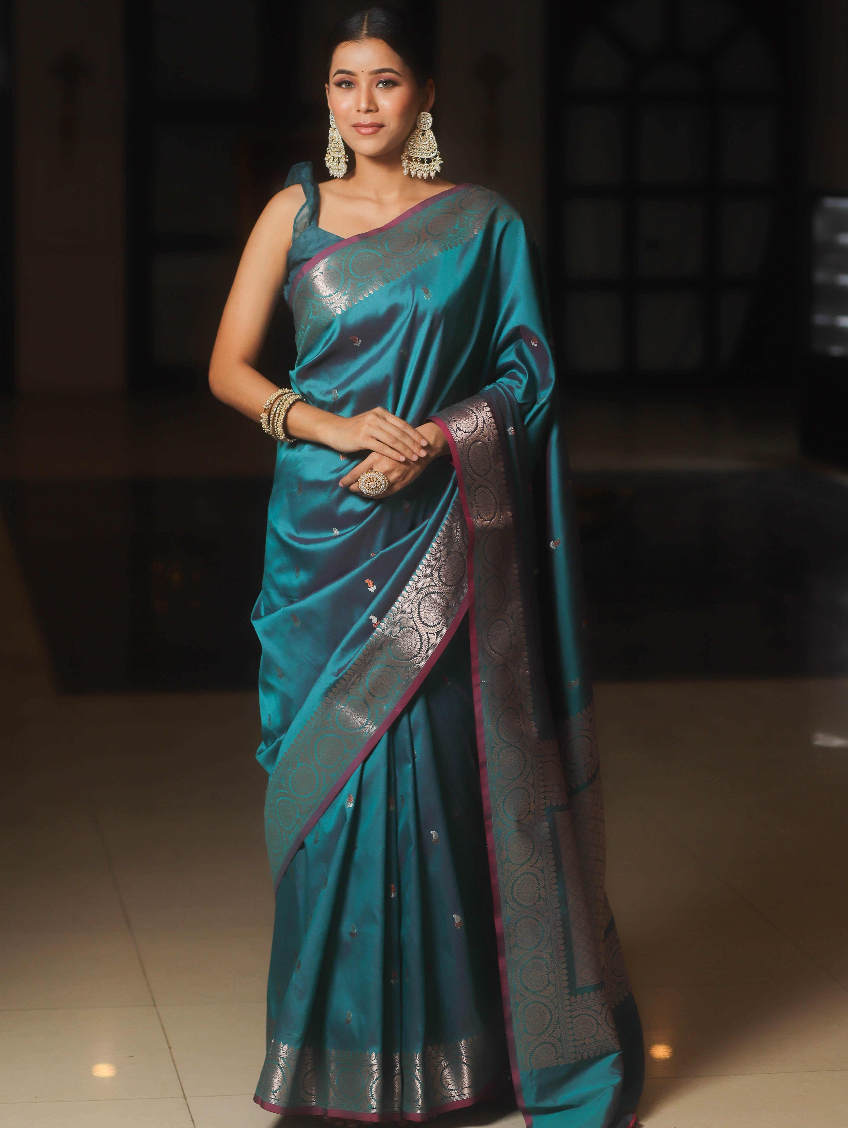 Banarasee Handwoven Semi Silk Saree With Zari Buti Design-Peacock Blue (Dual Tone)