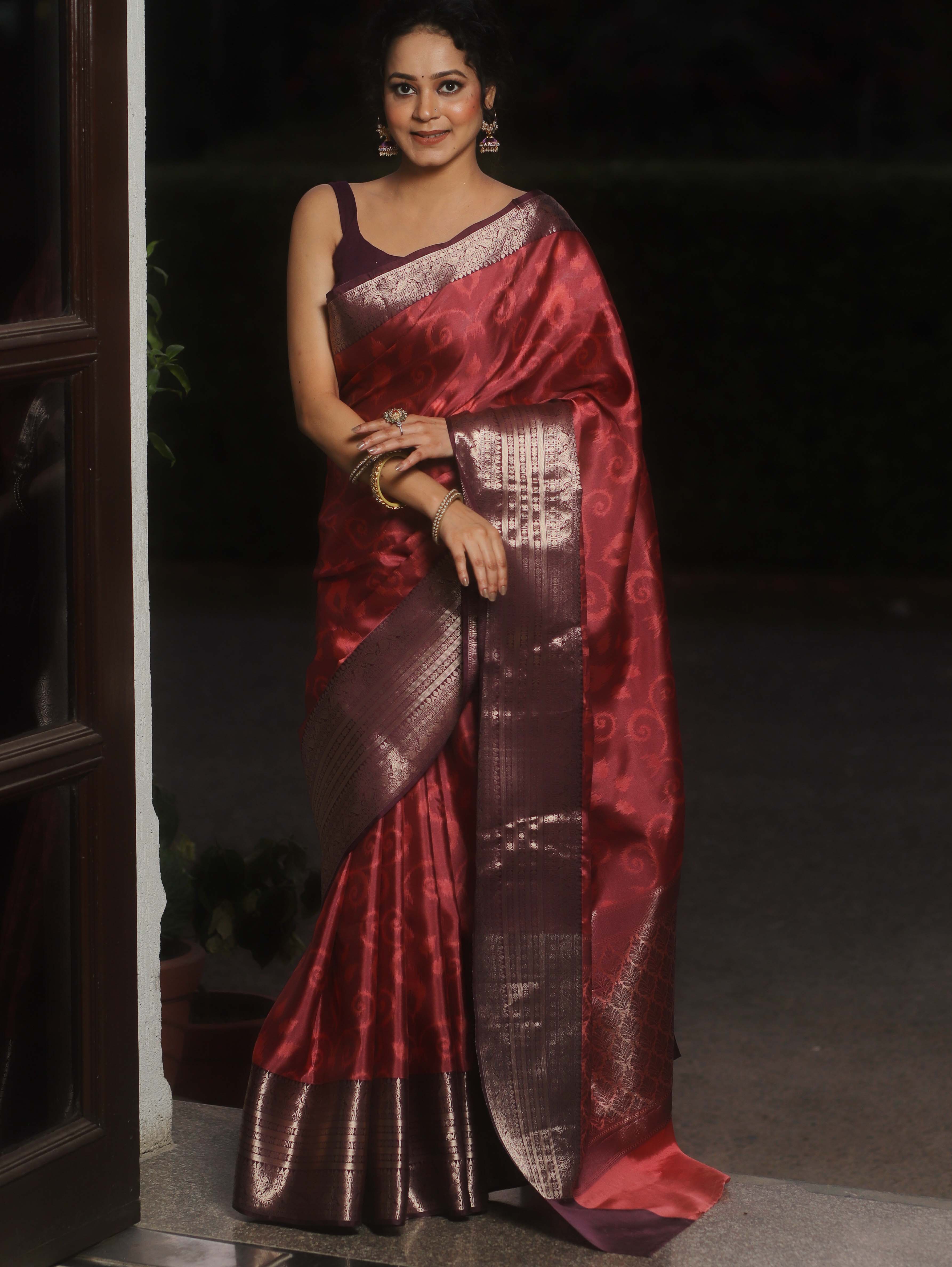 Banarasee Handwoven Semi Silk Saree With Contrast Zari Border-Purple