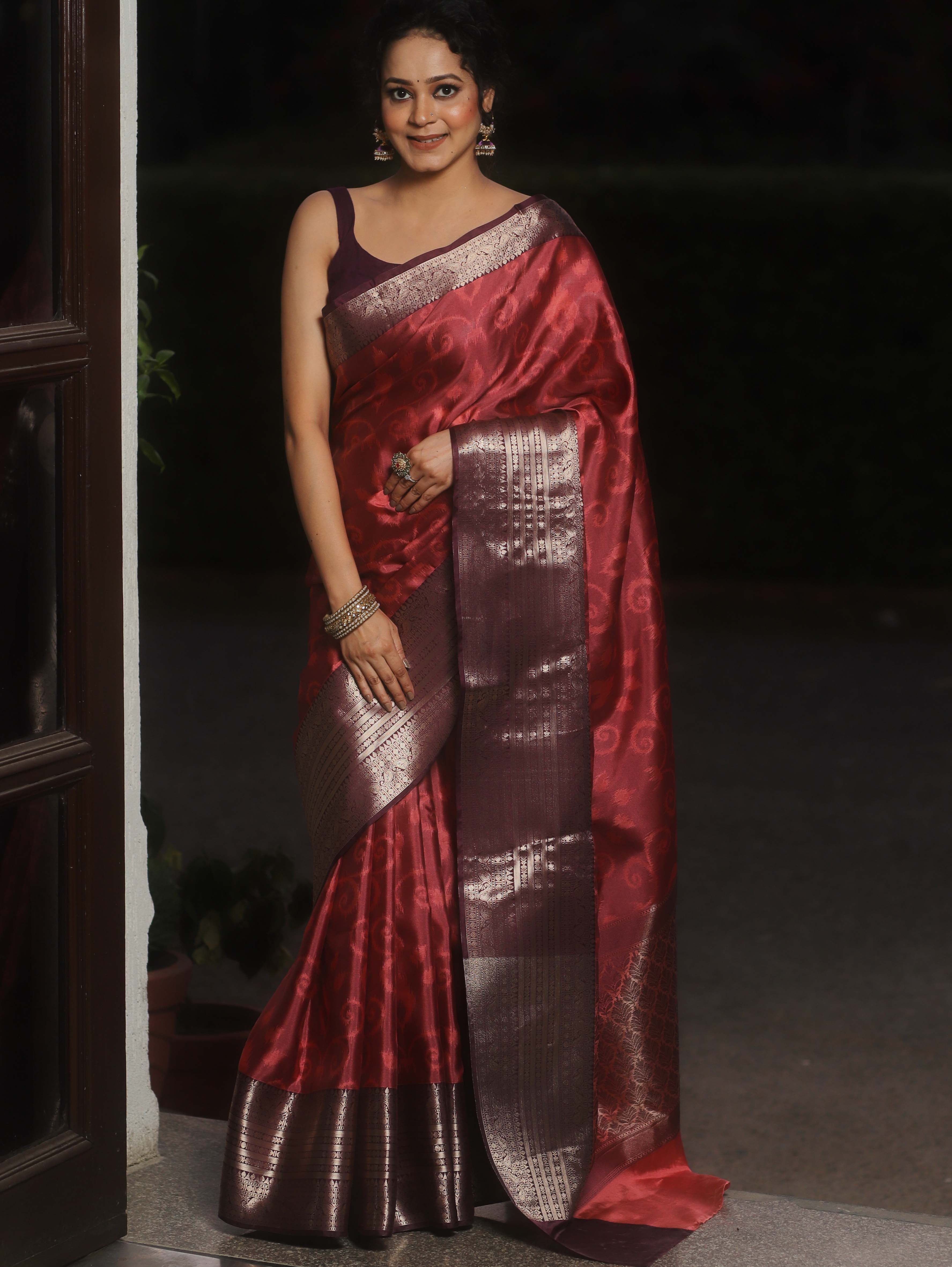 Banarasee Handwoven Semi Silk Saree With Contrast Zari Border-Purple