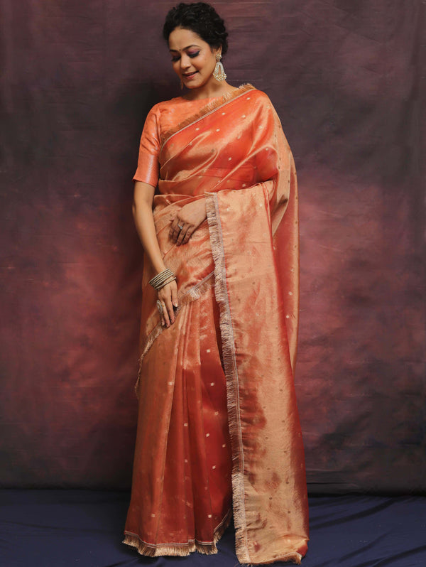 Banarasee Handwoven Tissue Saree Zari Buti With Lace-Peach