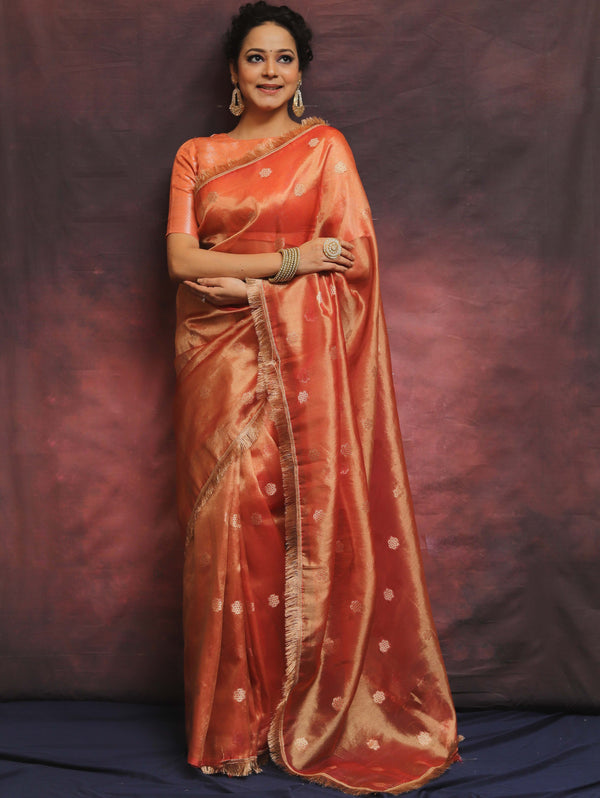 Banarasee Handwoven Tissue Saree Zari Buti With Lace-Peach