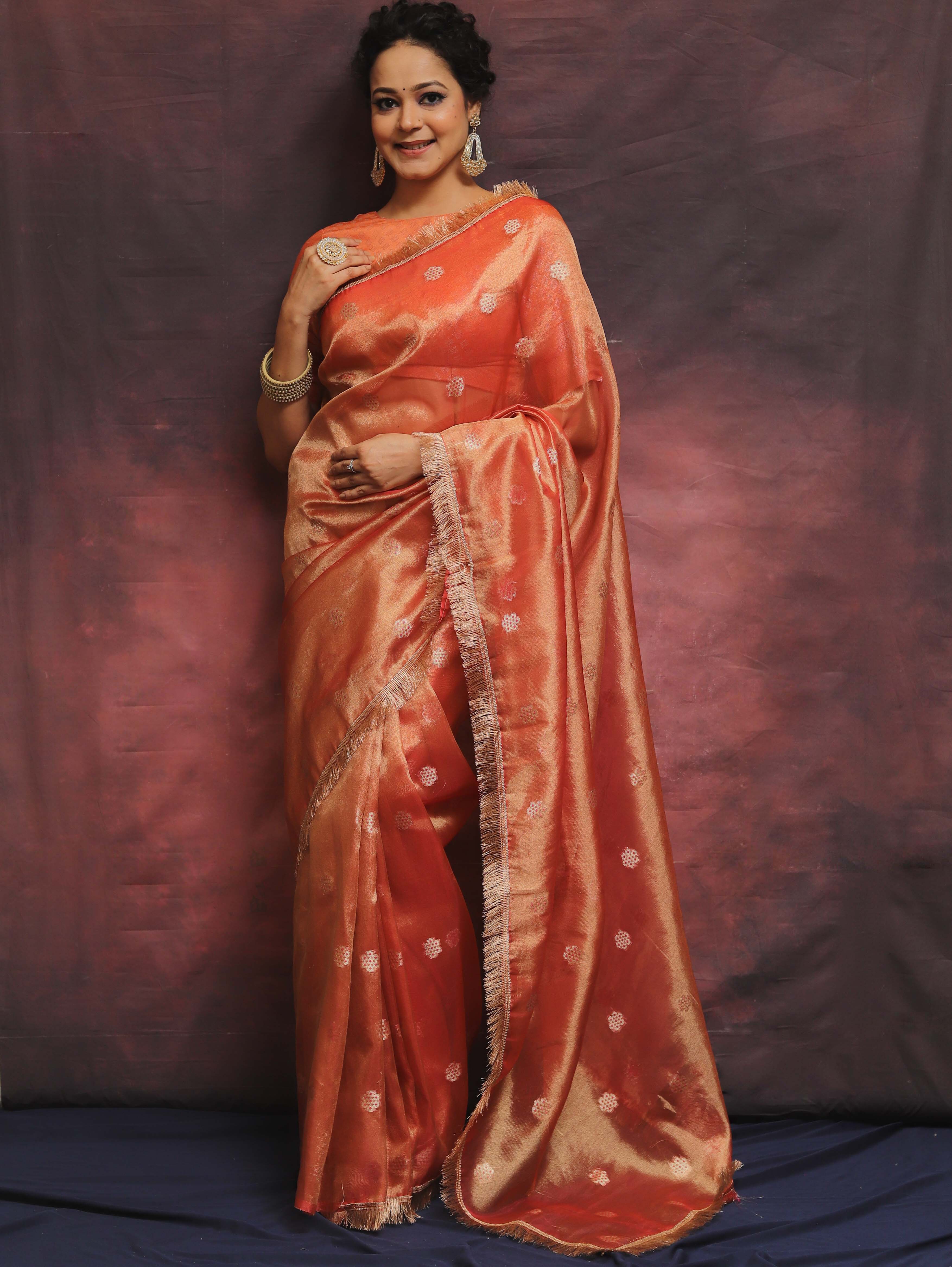 Banarasee Handwoven Tissue Saree Zari Buti With Lace-Peach