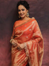 Banarasee Handwoven Tissue Saree Zari Buti With Lace-Peach