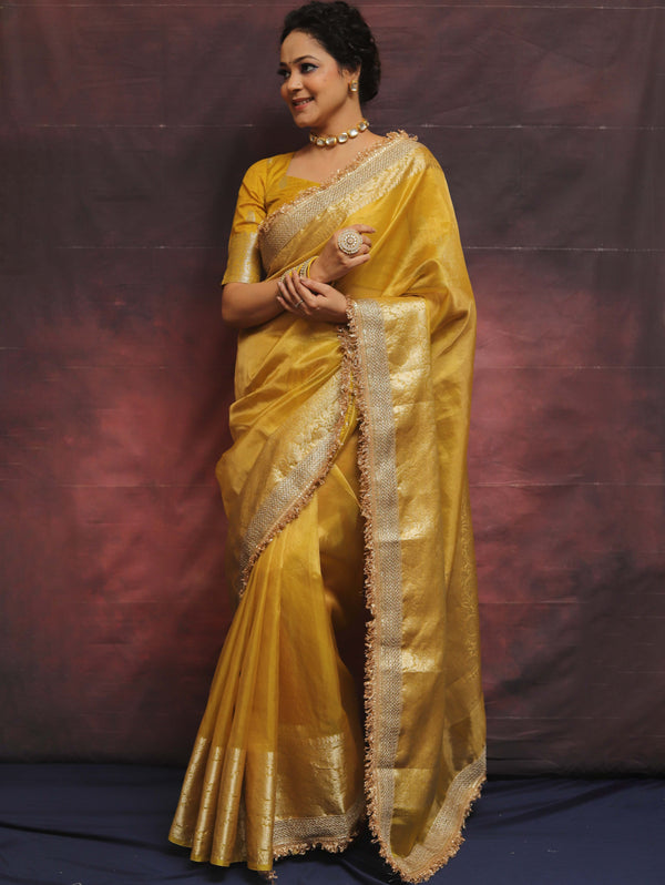 Banarasee Handwoven Plain Tissue Saree Zari Border With Lace-Mustard Yellow