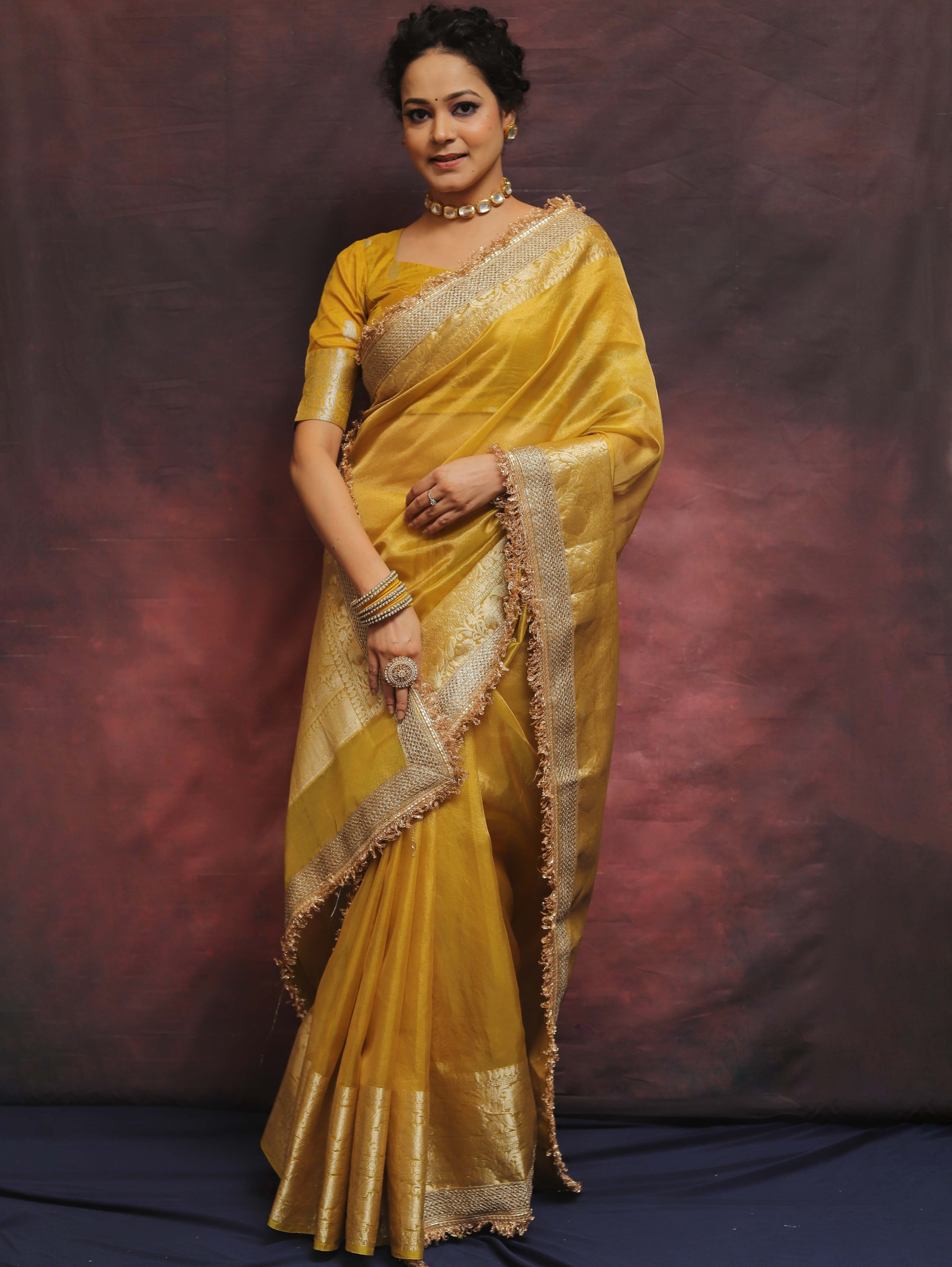 Banarasee Handwoven Plain Tissue Saree Zari Border With Lace-Mustard Yellow