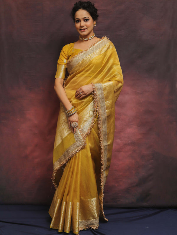 Banarasee Handwoven Plain Tissue Saree Zari Border With Lace-Mustard Yellow