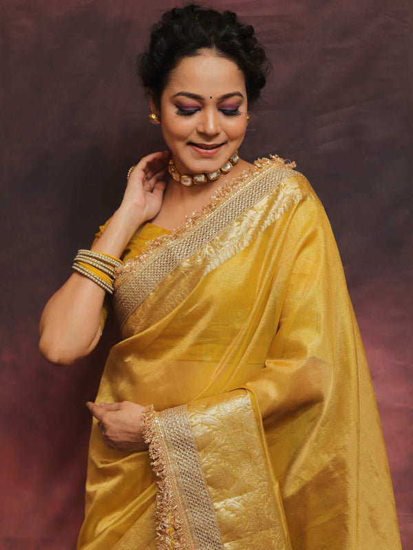 Banarasee Handwoven Plain Tissue Saree Zari Border With Lace-Mustard Yellow