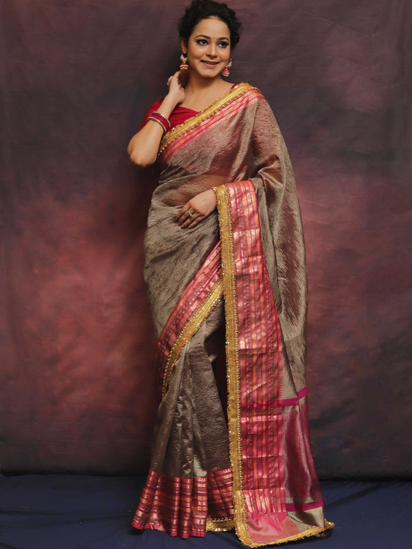 Banarasee Handwoven Plain Crushed Tissue Saree With Contrast Zari Border & Lace-Grey & Pink