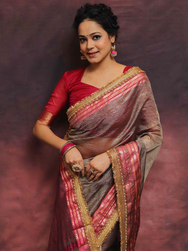 Banarasee Handwoven Plain Crushed Tissue Saree With Contrast Zari Border & Lace-Grey & Pink