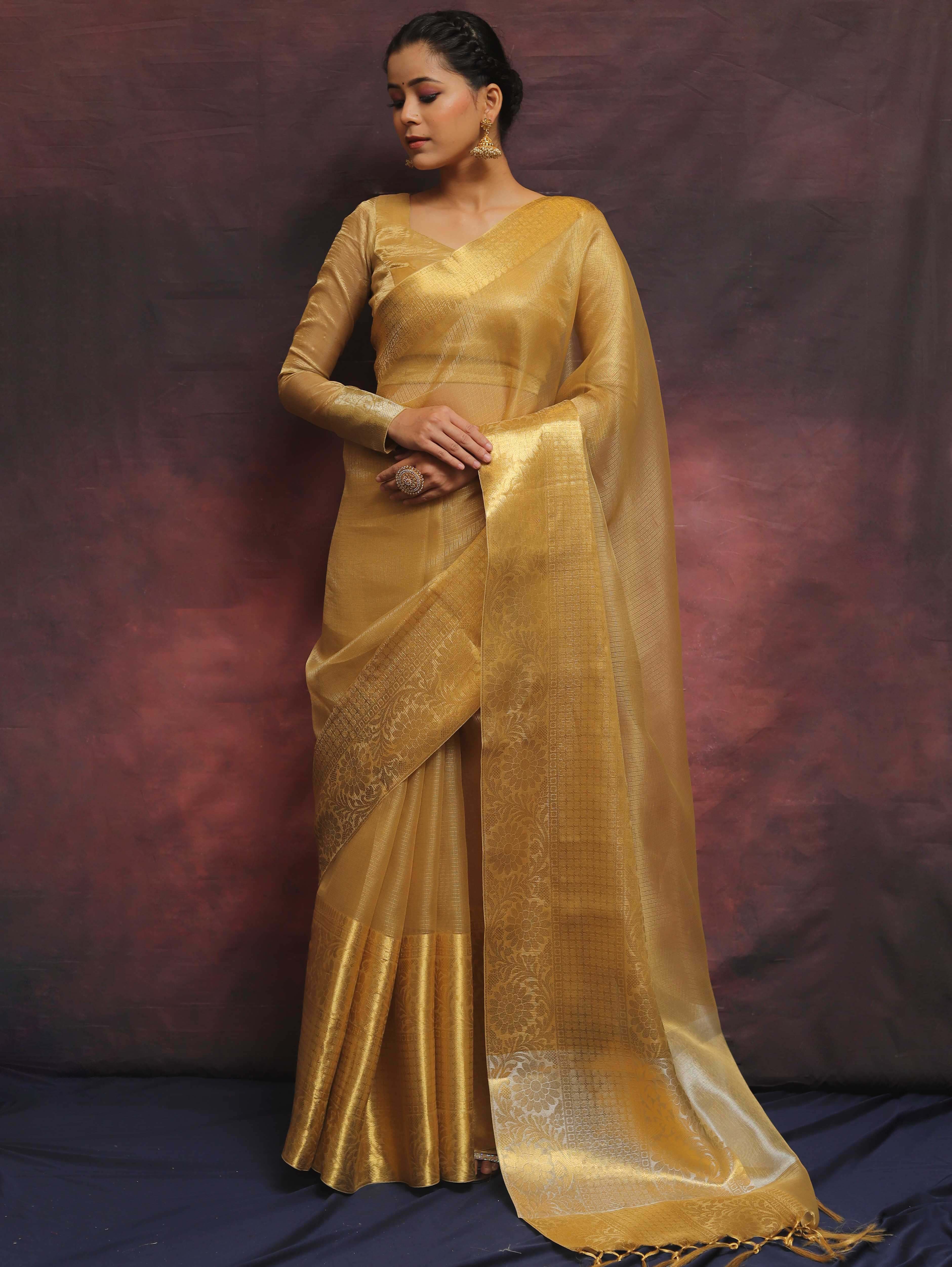 Banarasee Handwoven Plain Tissue Skirt Border Saree-Gold