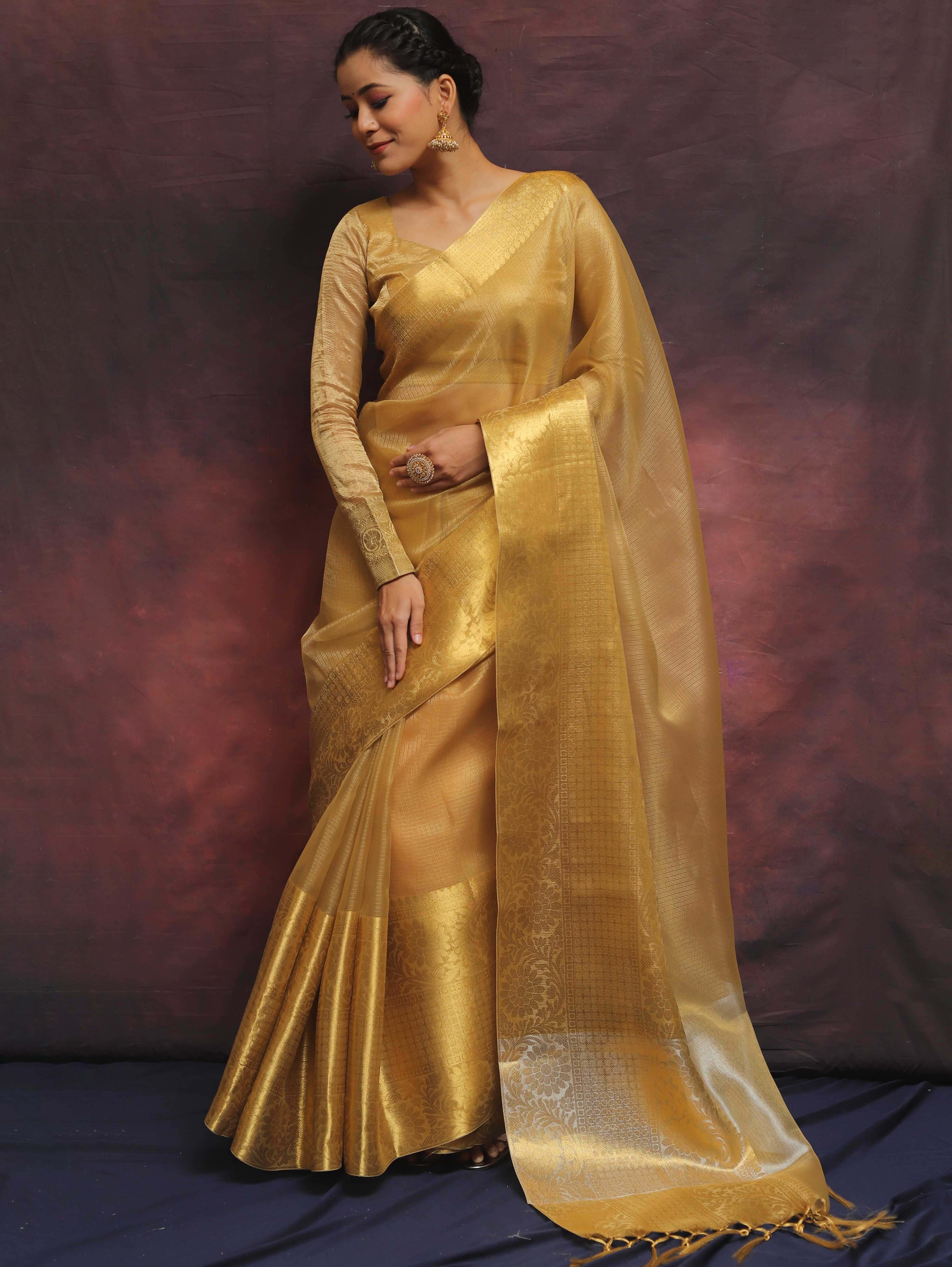 Banarasee Handwoven Plain Tissue Skirt Border Saree-Gold