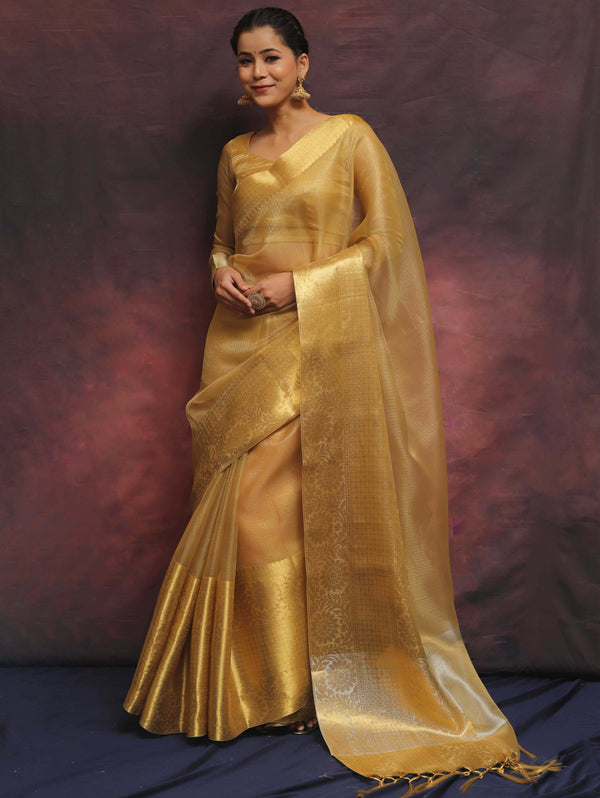 Banarasee Handwoven Plain Tissue Skirt Border Saree-Gold