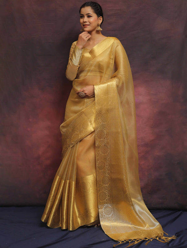 Banarasee Handwoven Plain Tissue Skirt Border Saree-Gold