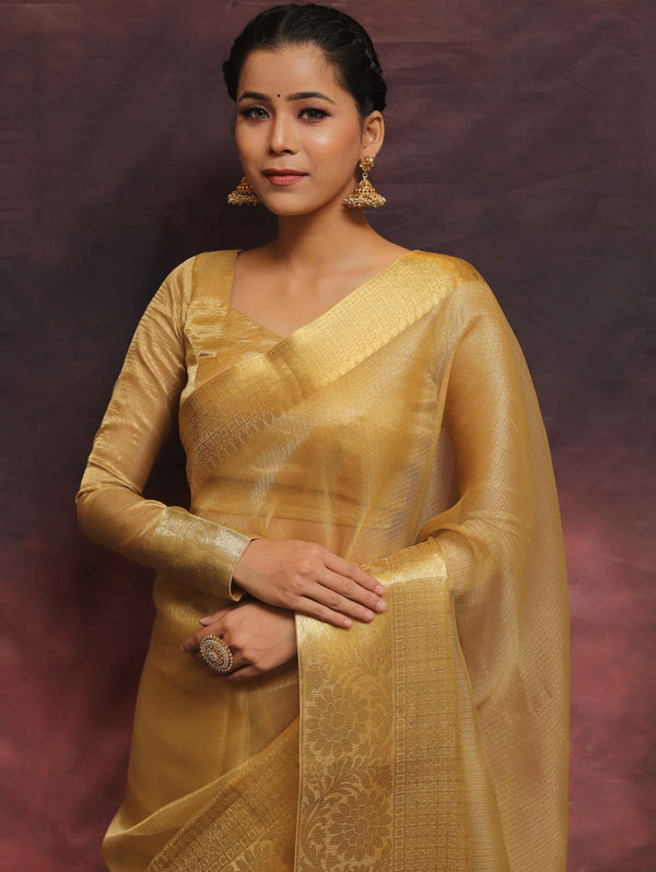 Banarasee Handwoven Plain Tissue Skirt Border Saree-Gold