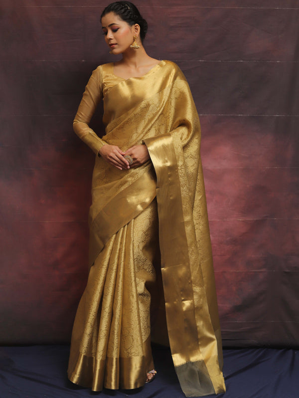 Banarasee Handwoven Gold Zari Tissue Saree-Gold