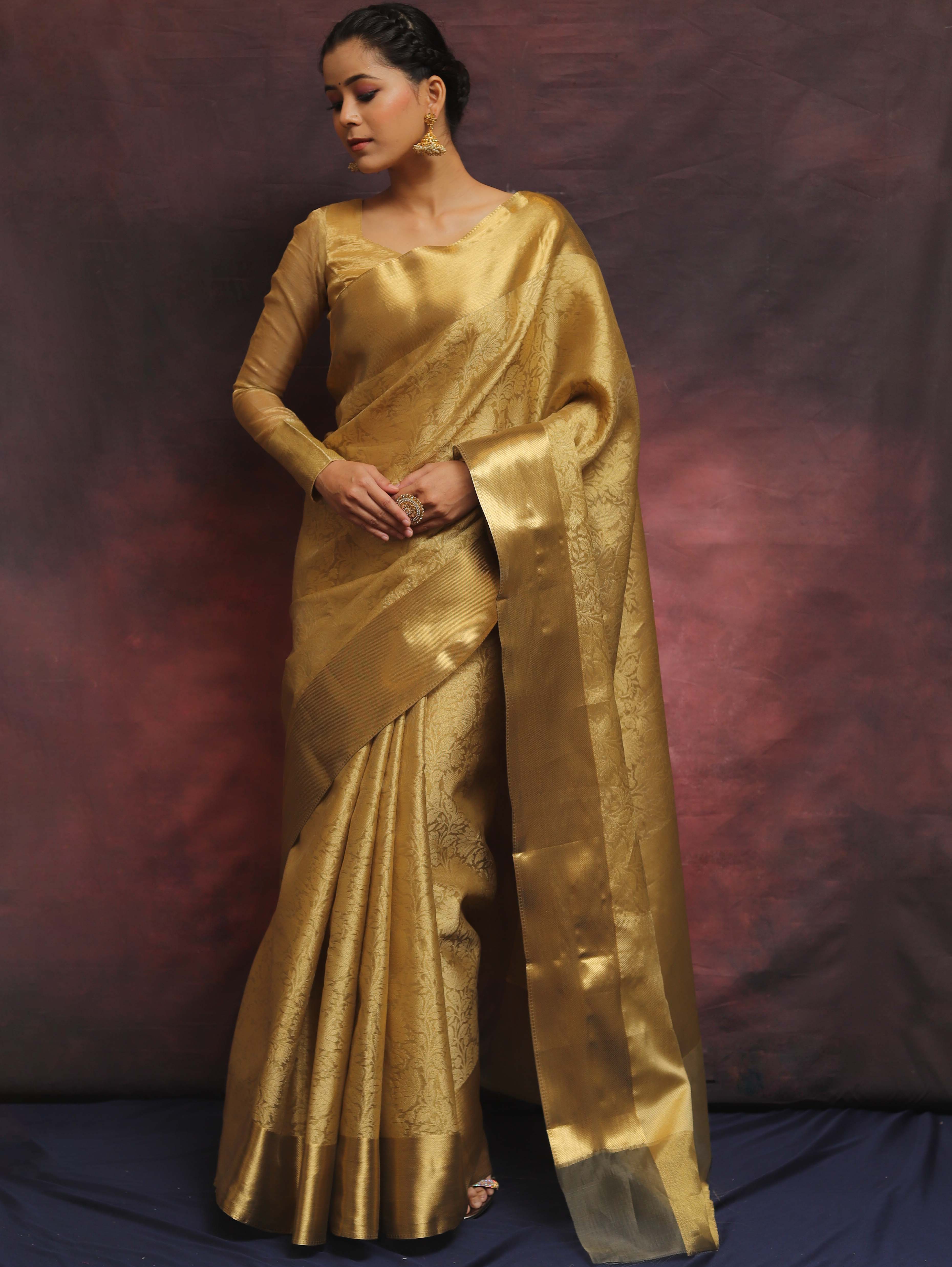 Banarasee Handwoven Gold Zari Tissue Saree-Gold