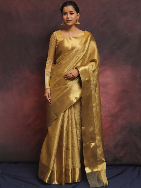 Banarasee Handwoven Gold Zari Tissue Saree-Gold