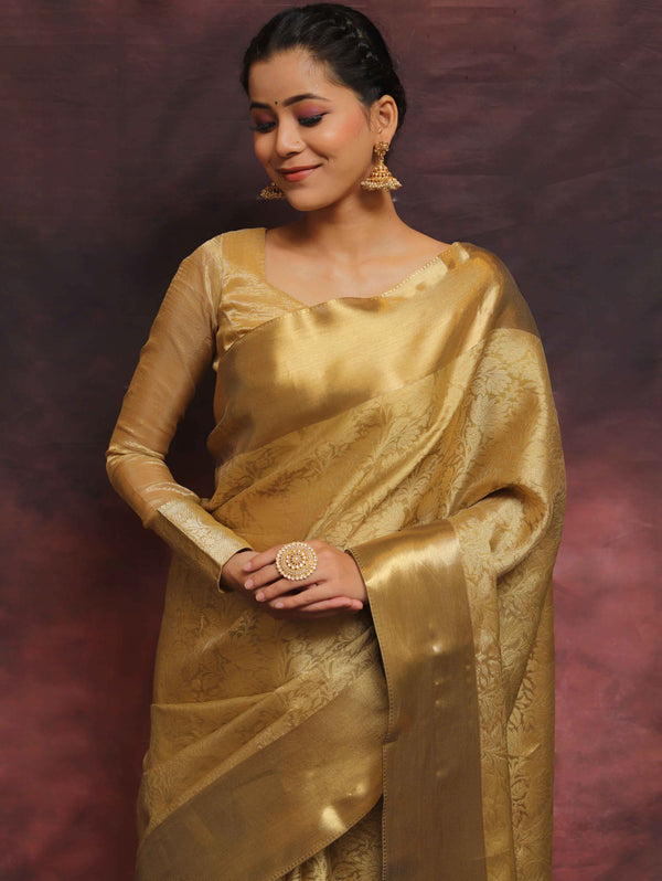 Banarasee Handwoven Gold Zari Tissue Saree-Gold