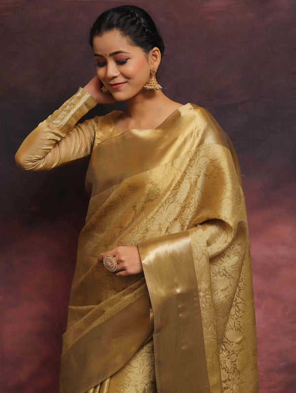 Banarasee Handwoven Gold Zari Tissue Saree-Gold