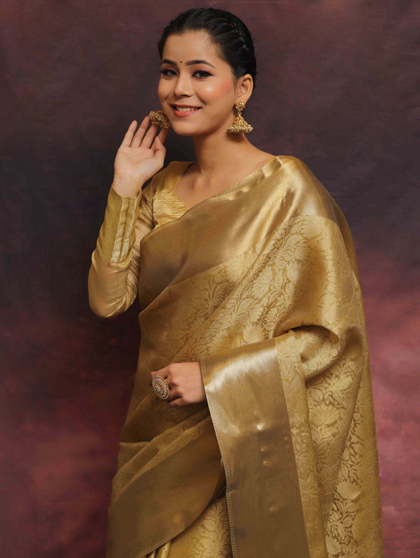 Banarasee Handwoven Gold Zari Tissue Saree-Gold