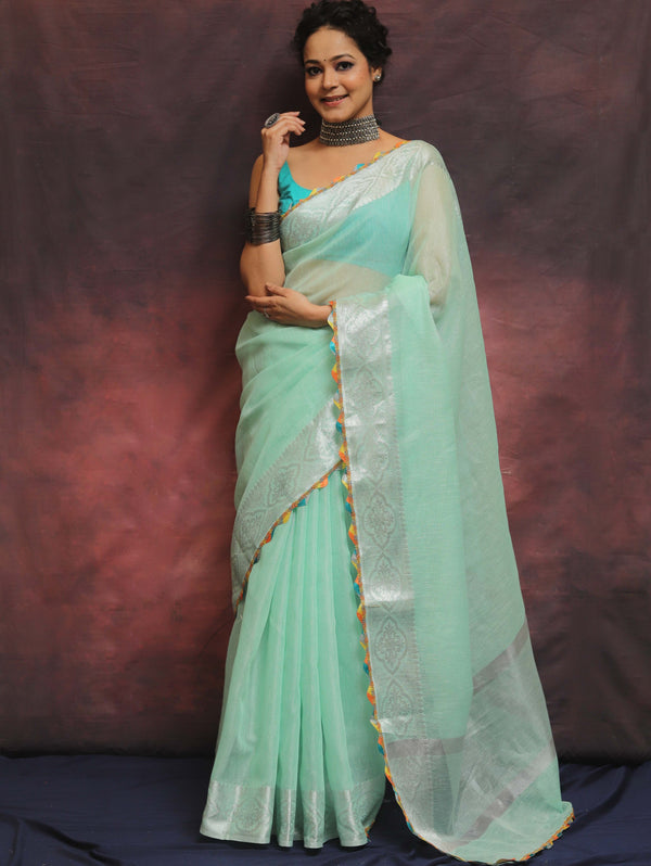 Banarasee Handloom Linen Mix Saree With Silver Zari Border & Lace-Green