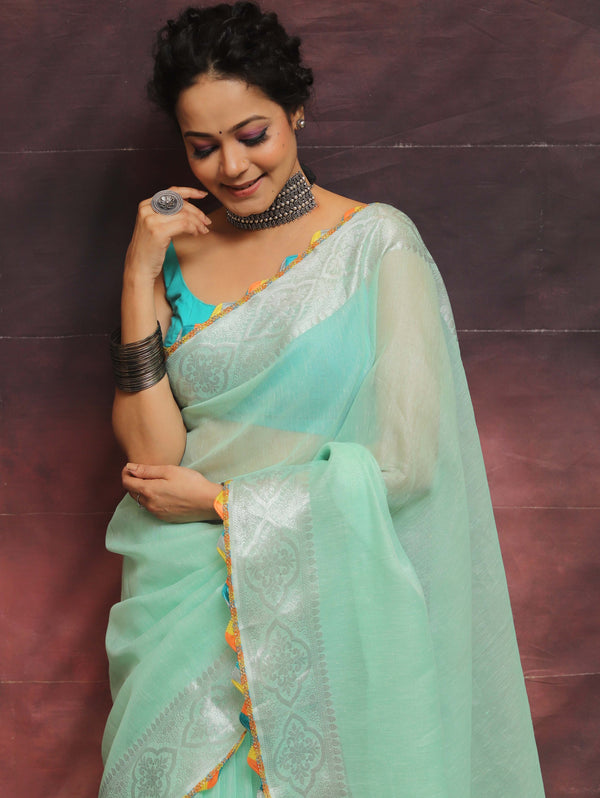 Banarasee Handloom Linen Mix Saree With Silver Zari Border & Lace-Green