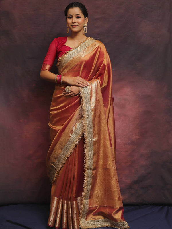 Banarasee Handwoven Plain Tissue Saree Zari Border With Lace-Pink