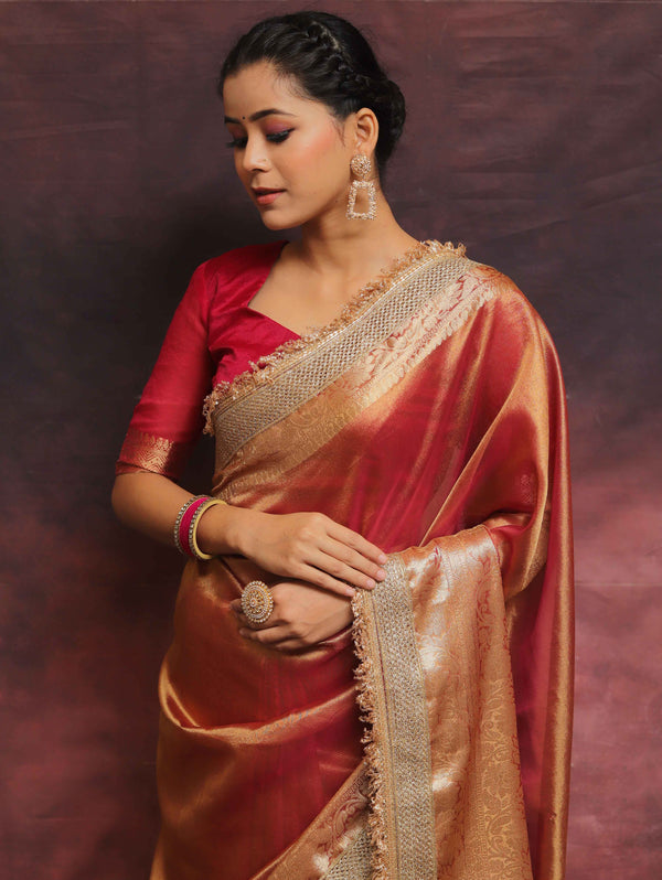 Banarasee Handwoven Plain Tissue Saree Zari Border With Lace-Pink