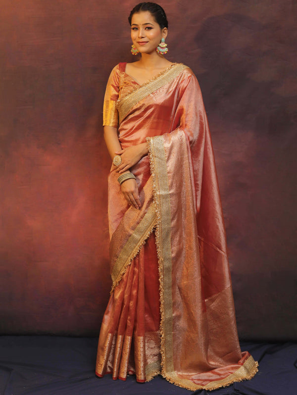 Banarasee Handwoven Plain Tissue Saree Zari Border With Lace-Peach