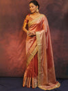 Banarasee Handwoven Plain Tissue Saree Zari Border With Lace-Peach