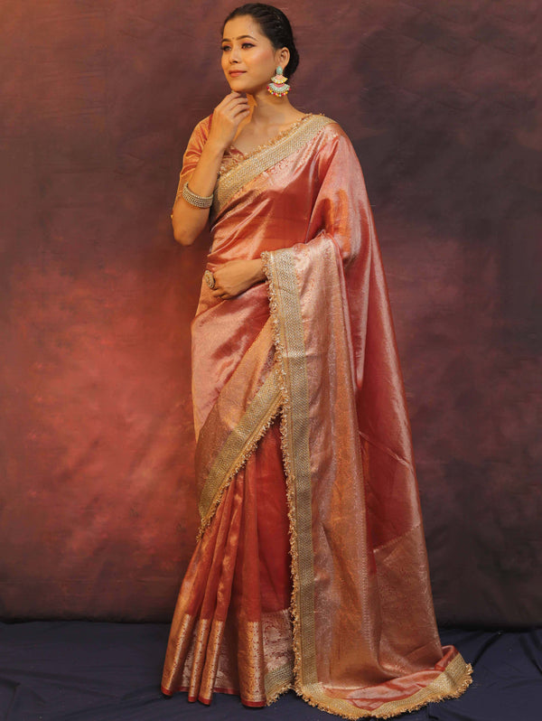 Banarasee Handwoven Plain Tissue Saree Zari Border With Lace-Peach