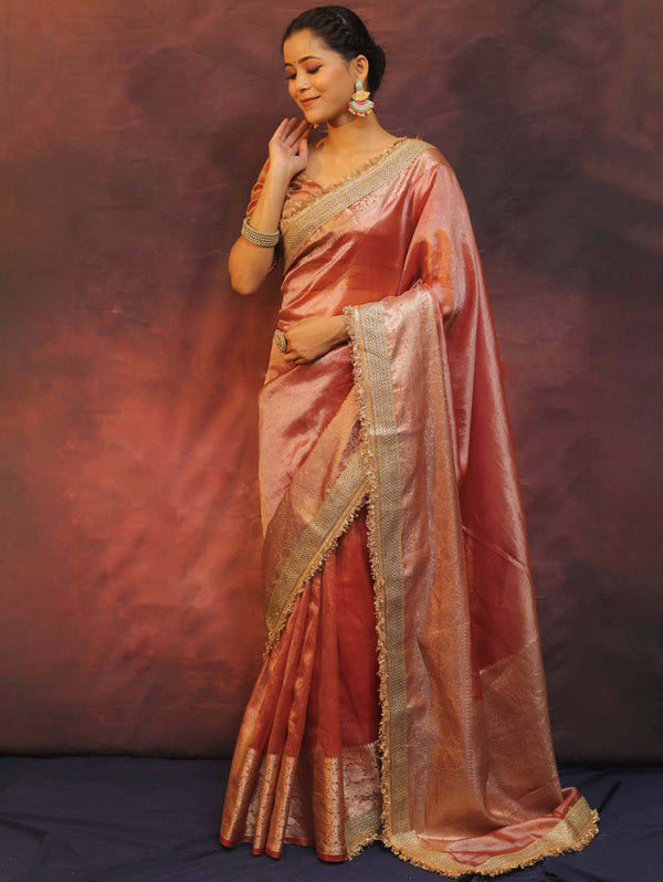 Banarasee Handwoven Plain Tissue Saree Zari Border With Lace-Peach