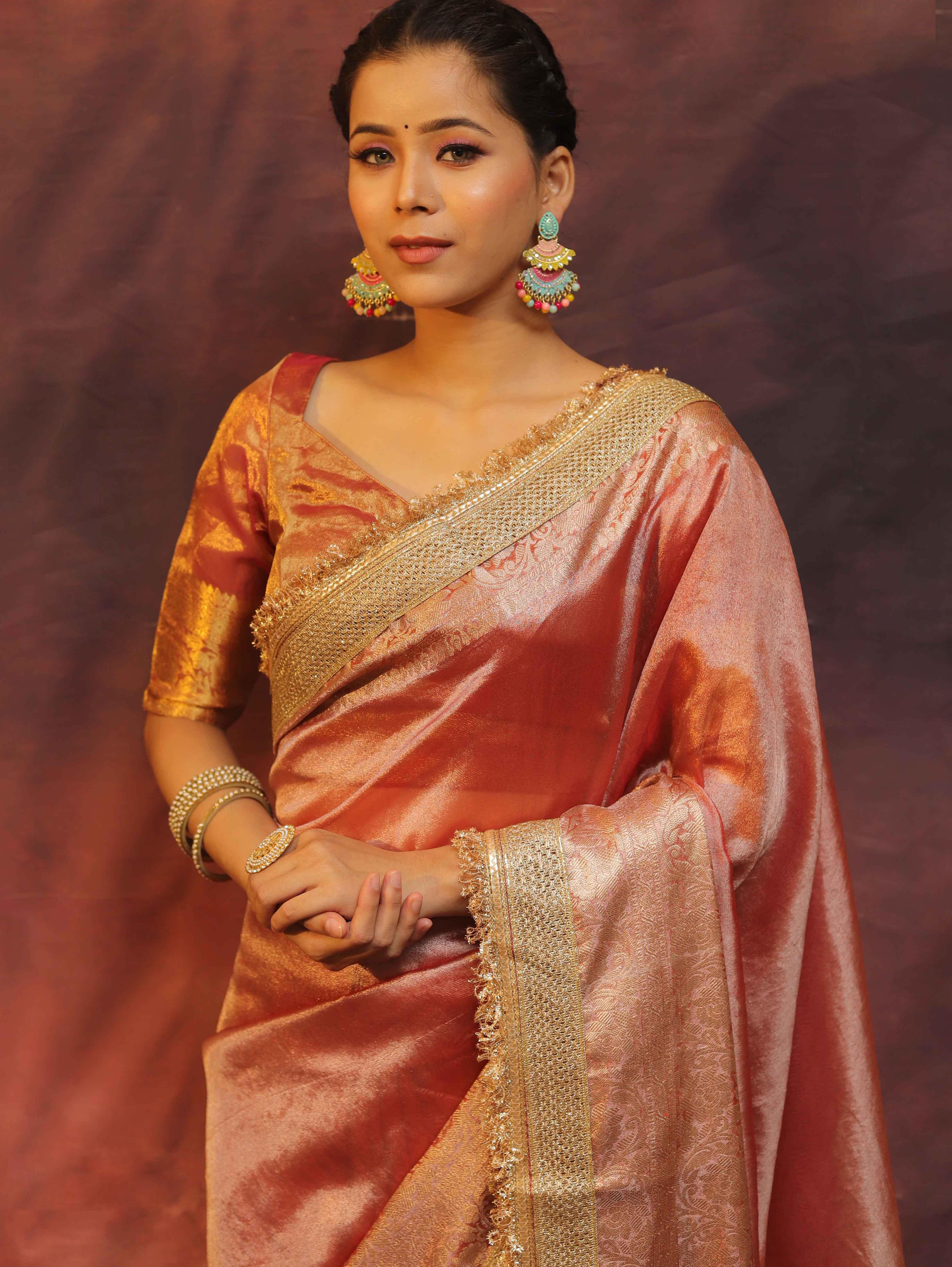 Banarasee Handwoven Plain Tissue Saree Zari Border With Lace-Peach