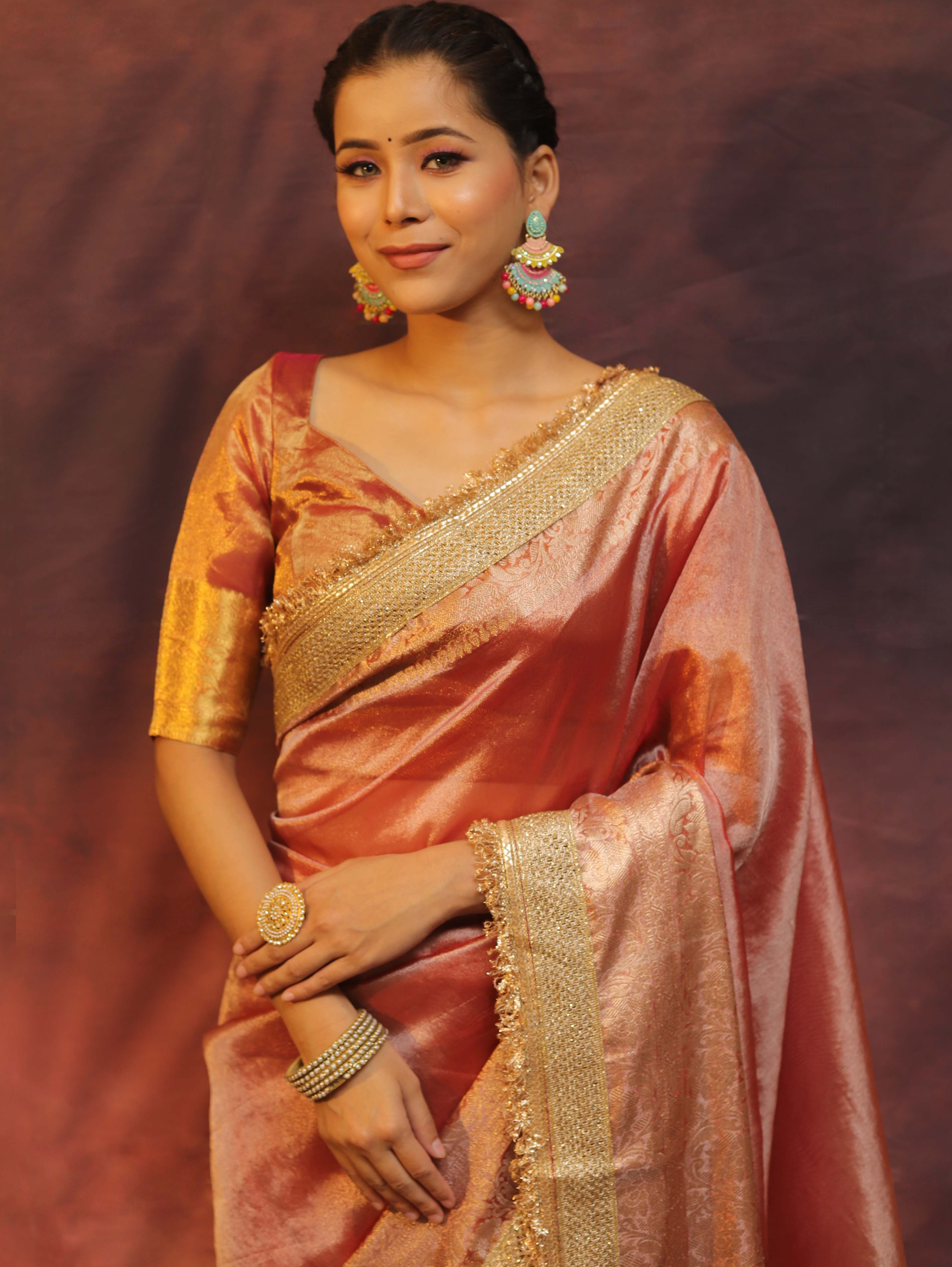 Banarasee Handwoven Plain Tissue Saree Zari Border With Lace-Peach