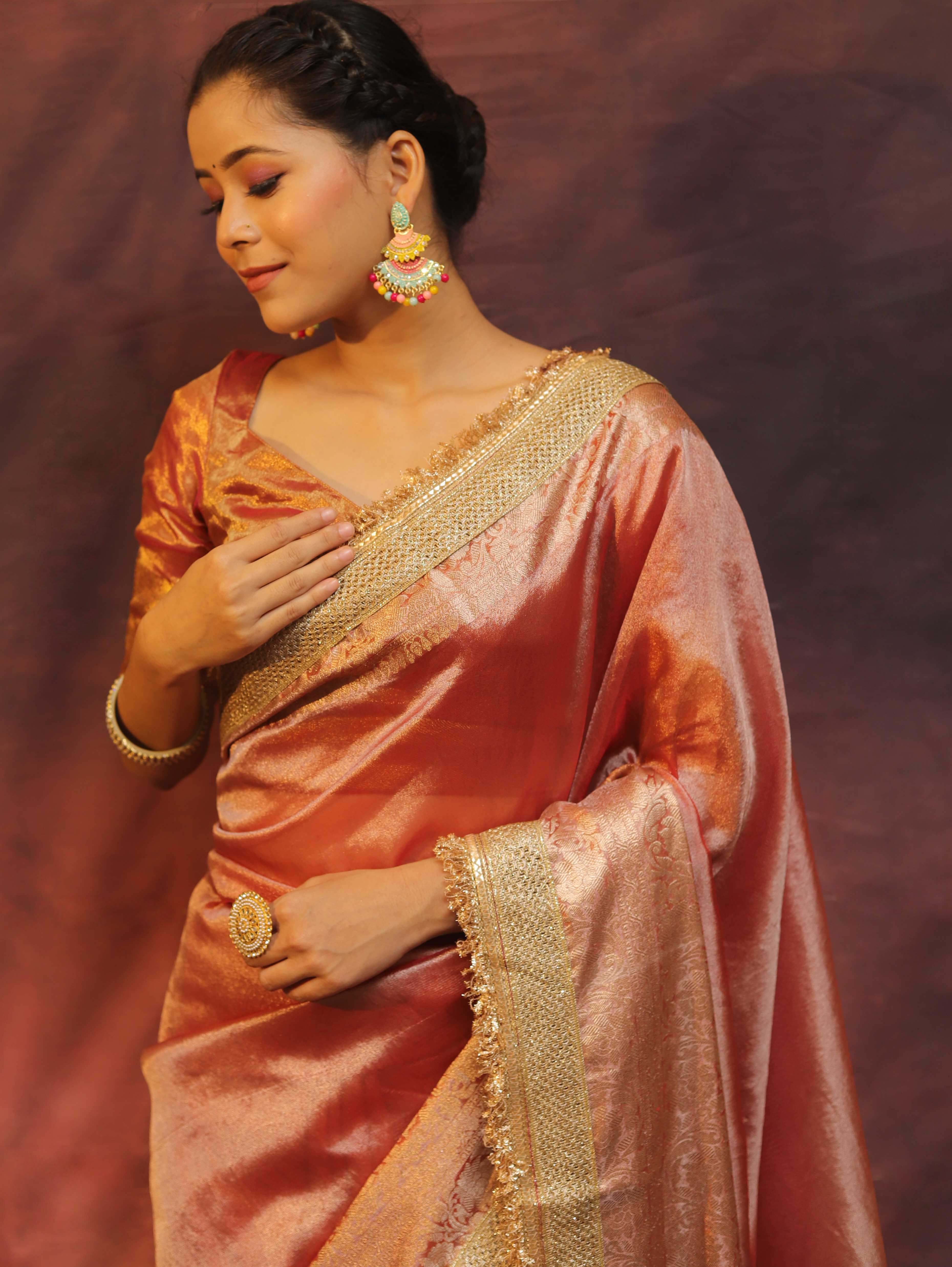 Banarasee Handwoven Plain Tissue Saree Zari Border With Lace-Peach