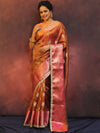 Banarasee Handwoven Crushed Tissue Saree With Contrast Border & Lace-Rust