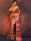 Banarasee Handwoven Crushed Tissue Saree With Contrast Border & Lace-Rust