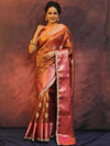 Banarasee Handwoven Crushed Tissue Saree With Contrast Border & Lace-Rust