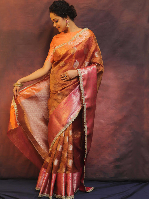 Banarasee Handwoven Crushed Tissue Saree With Contrast Border & Lace-Rust