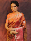 Banarasee Handwoven Crushed Tissue Saree With Contrast Border & Lace-Rust