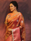 Banarasee Handwoven Crushed Tissue Saree With Contrast Border & Lace-Rust