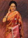 Banarasee Handwoven Crushed Tissue Saree With Contrast Border & Lace-Rust