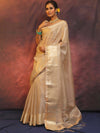 Banarasee Handwoven Plain Tissue Saree Zari Border With Lace-Silver