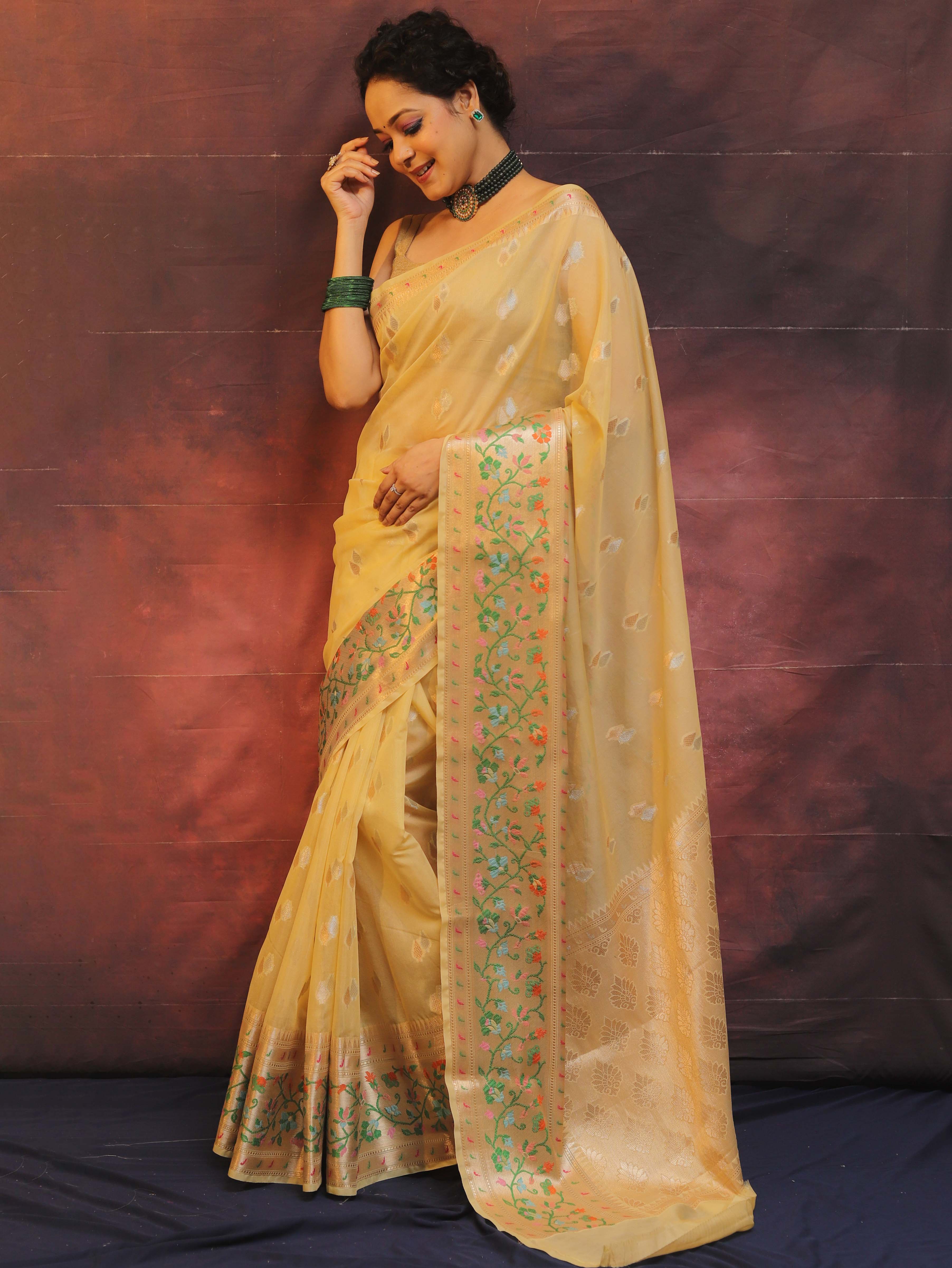 Banarasee Cotton Silk Saree Zari Buta Design & Meena Border-Beige