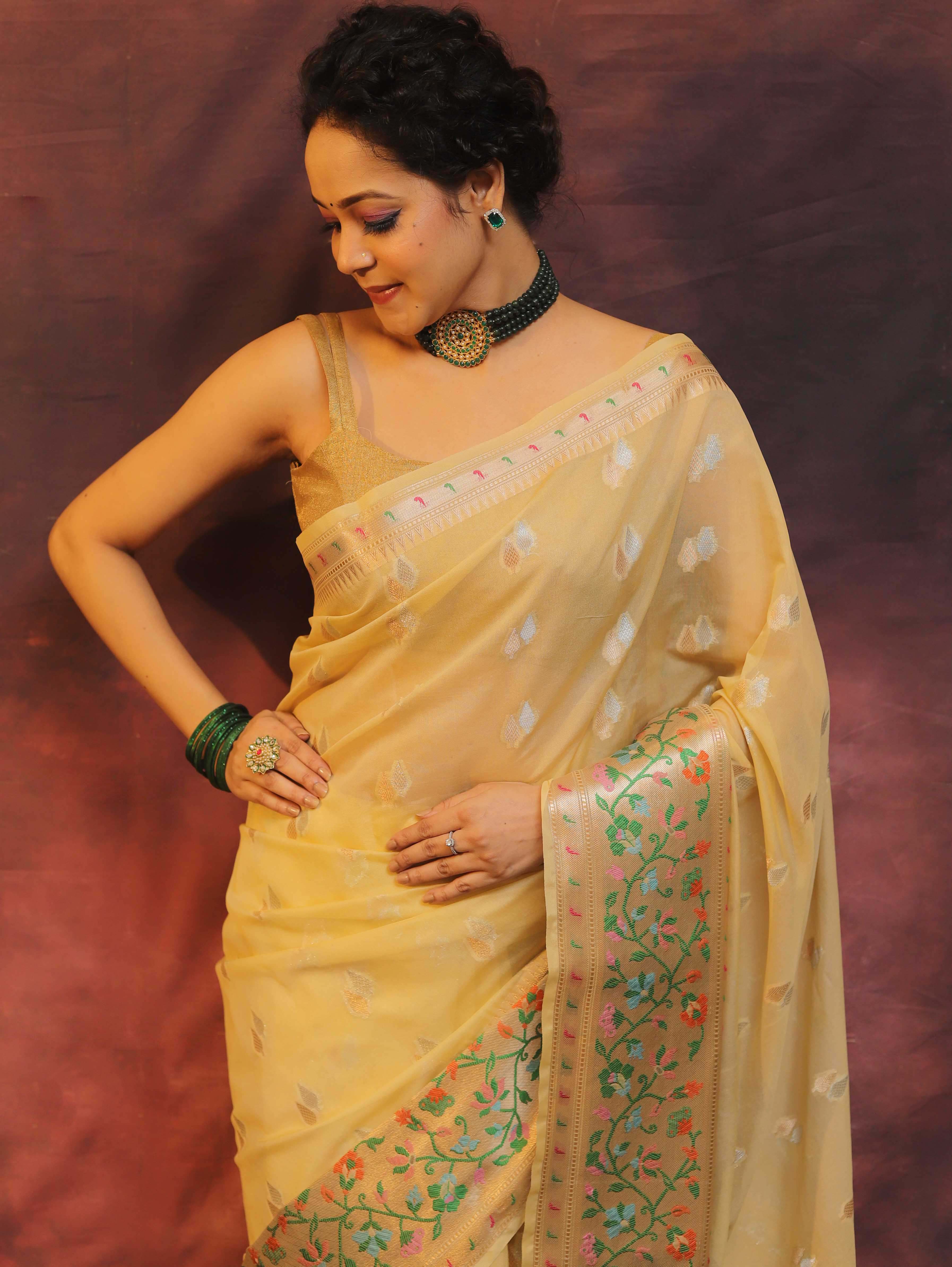 Banarasee Cotton Silk Saree Zari Buta Design & Meena Border-Beige