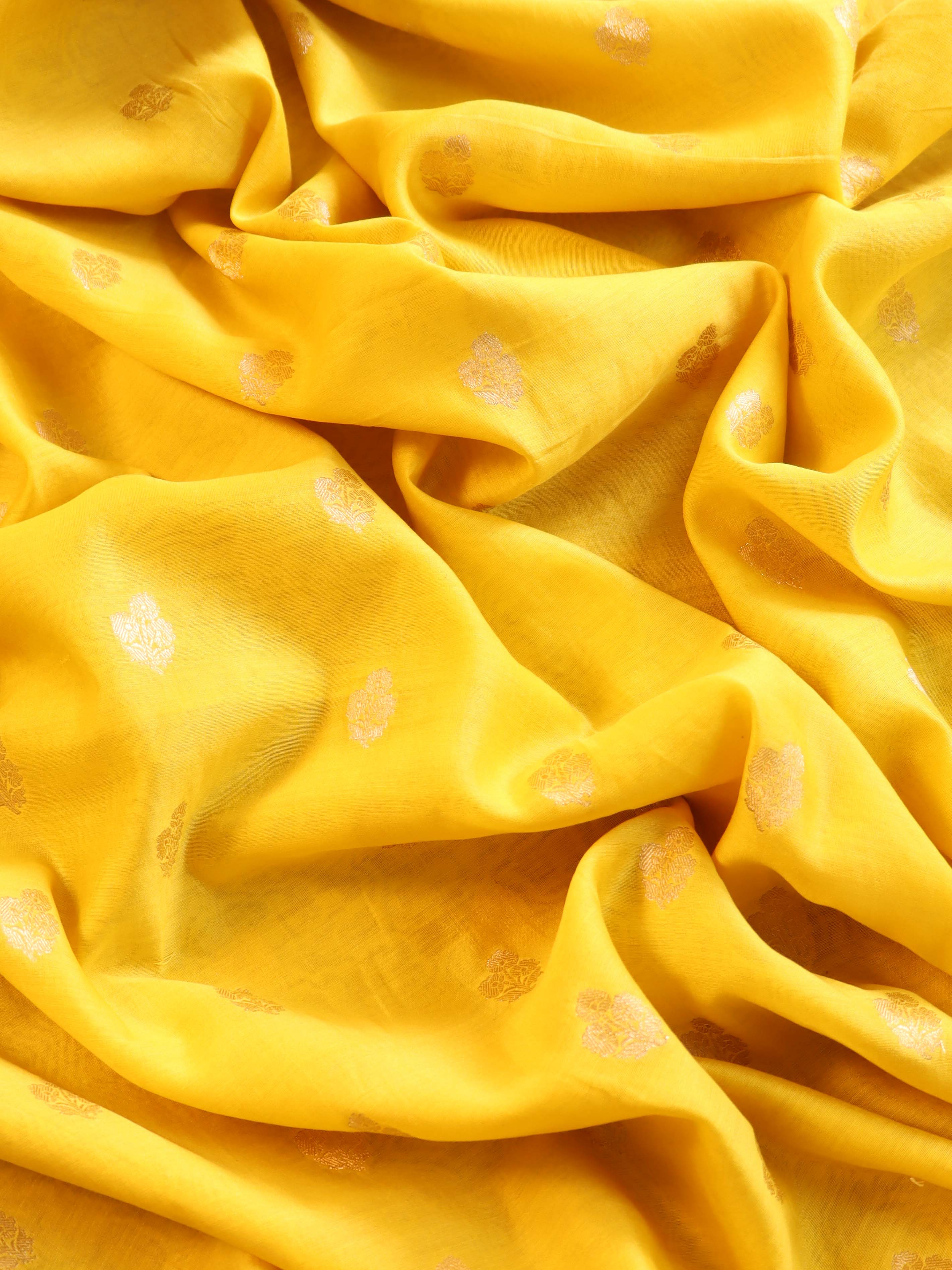 Banarasee Zari Buta Chanderi Fabric-Yellow