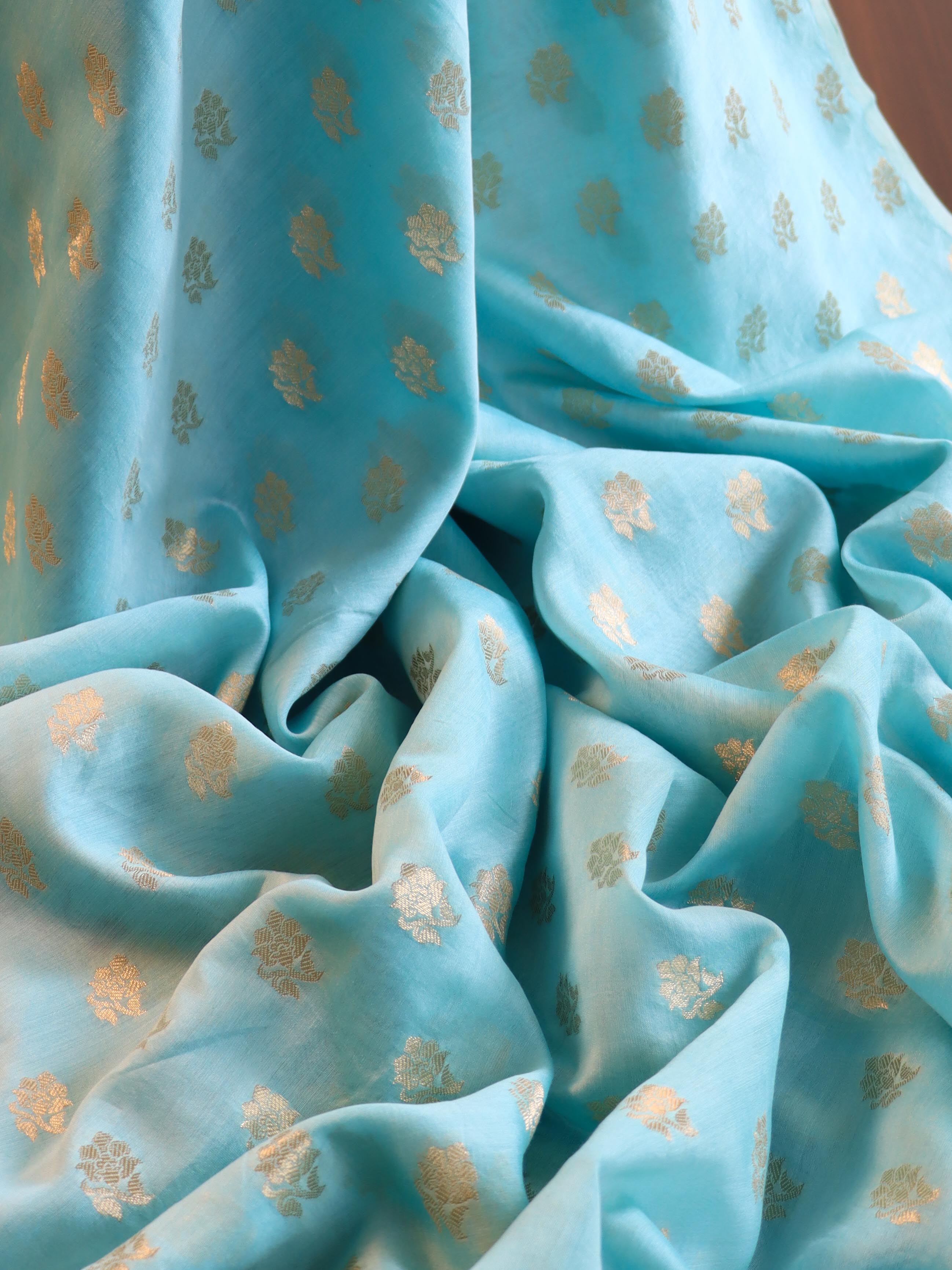 Banarasee Zari Buta Chanderi Fabric-Light Blue